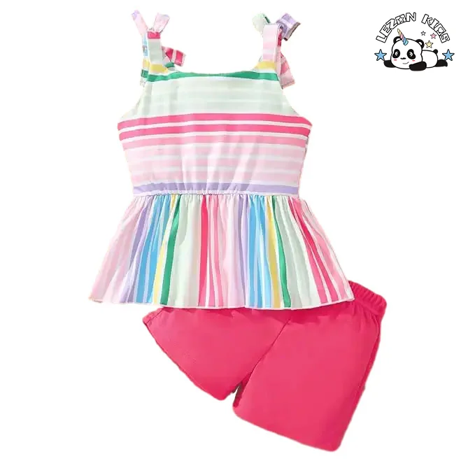 LEZONKIDS - Customizable Wholesale New Products Cute rainbow Suspenders T-shirt and Shorts Little Girls Clothing Sets